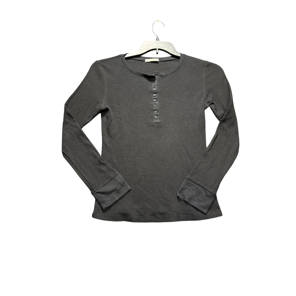 Active Basic Henley Top Women Large Black Waffle Knit Long Sleeve T11757